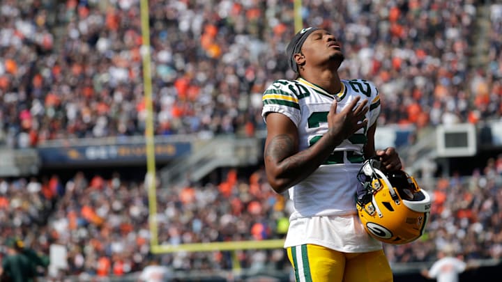 Former Packers cornerback Rasul Douglas (29) takes a moment alone before playing against the Chicago Bears in 2023.