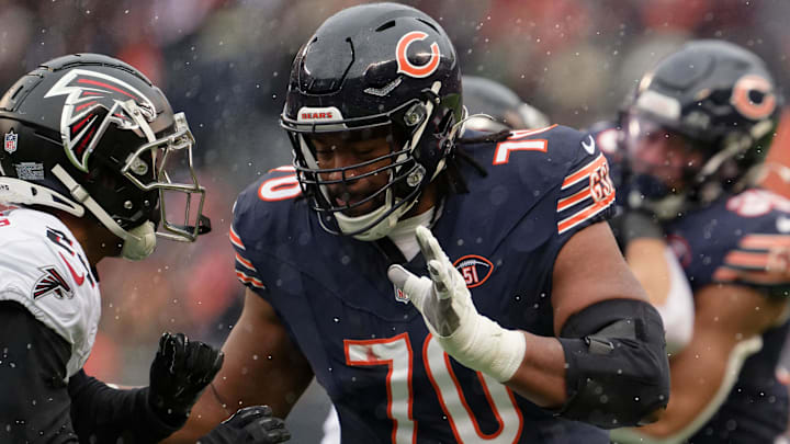 Chicago Bears offensive lineman Braxton Jones (70) blocks against the Atlanta Falcons at Soldier Field.