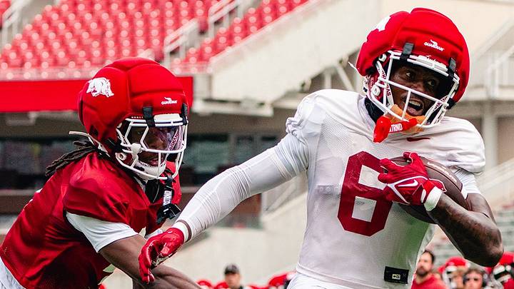 Arkansas Razorbacks wide receiver Chris Marshall catches a pass in the team's first scrimmage of fall camp. Arkansas Razorbacks wide receiver Chris Marshall catches a pass in the team's first scrimmage of fall camp.