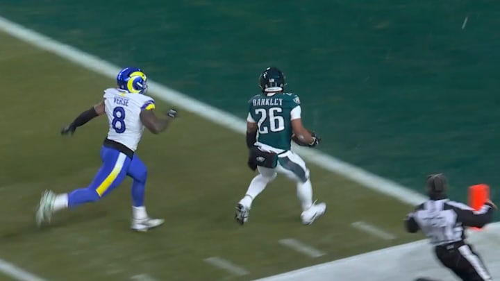 Saquon Barkley rushes for a 62-yard touchdown during the Philadelphia Eagles' divisional round matchup against the Los Angeles Rams.