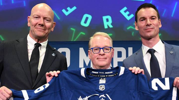 May 4, 2026; Toronto, Ontario, CANADA; Maple Leaf Sports and Entertainment CEO Keith Pelley holds a team jersey between Toronto Maple Leafs general manager John Chayka (right) and senior executive advisor Mats Sundin during an introductory news conference at Real Sports Bar and Grill. Mandatory Credit: Dan Hamilton-Imagn Images May 4, 2026; Toronto, Ontario, CANADA; Maple Leaf Sports and Entertainment CEO Keith Pelley holds a team jersey between Toronto Maple Leafs general manager John Chayka (right) and senior executive advisor Mats Sundin during an introductory news conference at Real Sports Bar and Grill. Mandatory Credit: Dan Hamilton-Imagn Images