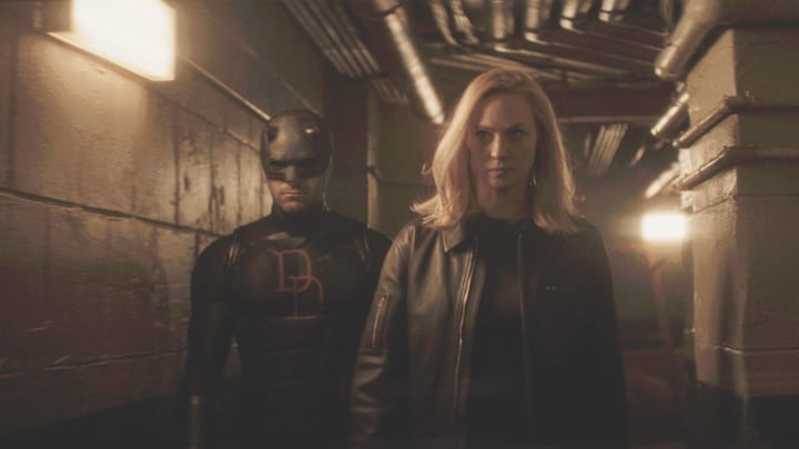 L-R: Matt Murdock / Daredevil (Charlie Cox) and Karen Page (Deborah Ann Woll) in Marvel Television's DAREDEVIL: BORN AGAIN