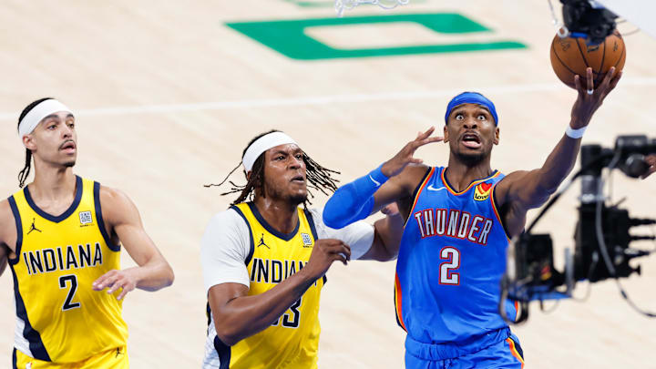 Jun 22, 2025; Oklahoma City, Oklahoma, USA; Oklahoma City Thunder guard Shai Gilgeous-Alexander (2) drives to the basket against the Indiana Pacers during the first half of game seven of the 2025 NBA Finals at Paycom Center. Mandatory Credit: Alonzo Adams-Imagn Images
