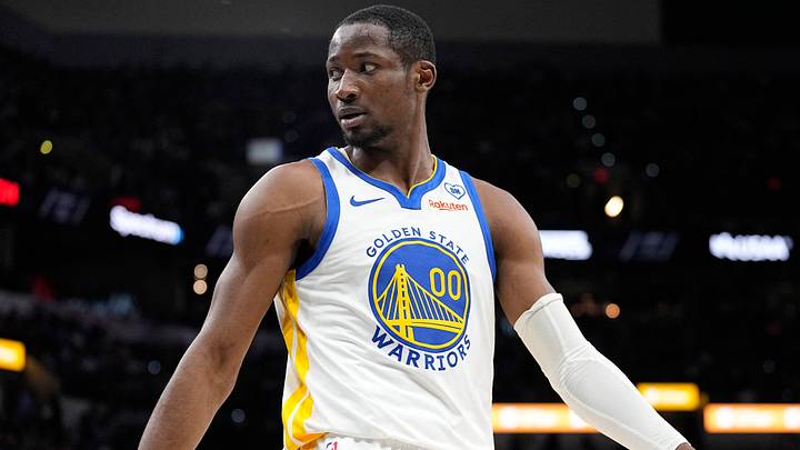 Mar 11, 2024; San Antonio, Texas, USA; Golden State Warriors forward Jonathan Kuminga (00) reacts to a call by an official during the first half against the San Antonio Spurs at Frost Bank Center. Mandatory Credit: Scott Wachter-USA TODAY Sports