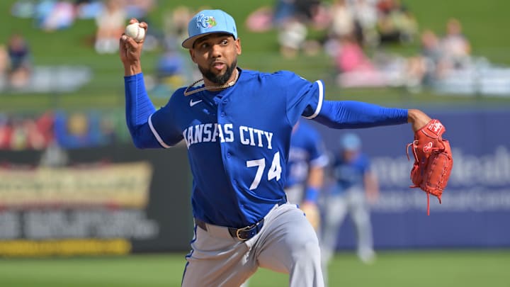 Feb 20, 2026; Surprise, Arizona, USA;  Kansas City Royals pitcher Jose Cuas (74) delivers to the plate in the fourth inning against the Texas Rangers at Surprise Stadium. Mandatory Credit: Jayne Kamin-Oncea-Imagn Images