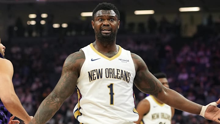 Apr 3, 2026; Sacramento, California, USA; New Orleans Pelicans forward Zion Williamson (1) gestures towards a referee during the first quarter against the Sacramento Kings at Golden 1 Center. Mandatory Credit: Darren Yamashita-Imagn Images Apr 3, 2026; Sacramento, California, USA; New Orleans Pelicans forward Zion Williamson (1) gestures towards a referee during the first quarter against the Sacramento Kings at Golden 1 Center. Mandatory Credit: Darren Yamashita-Imagn Images