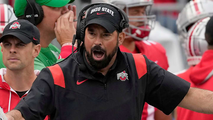 Oct. 1, 2022; Columbus, Ohio, USA; Ohio State Buckeyes head coach Ryan Day reacts to a call during the first half of Saturday's game against the Rutgers Scarlet Knights in Columbus. Mandatory Credit: Barbara Perenic/Columbus Dispatch

Sports Ohio State Rutgers Ncaa Football