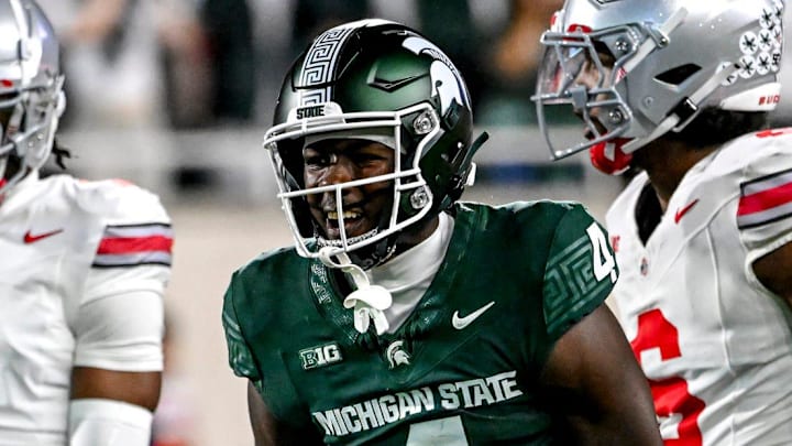 Michigan State's Jaron Glover celebrates after a first down catch against Ohio State during the second quarter on Saturday, Sept. 28, 2024, at Spartan Stadium in East Lansing.