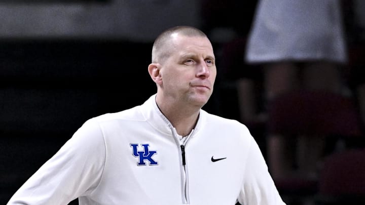 Mar 3, 2026; College Station, Texas, USA; Kentucky Wildcats head coach Mark Pope looks on during the first half against the Texas A&M Aggies at Reed Arena. Mandatory Credit: Maria Lysaker-Imagn Images 
