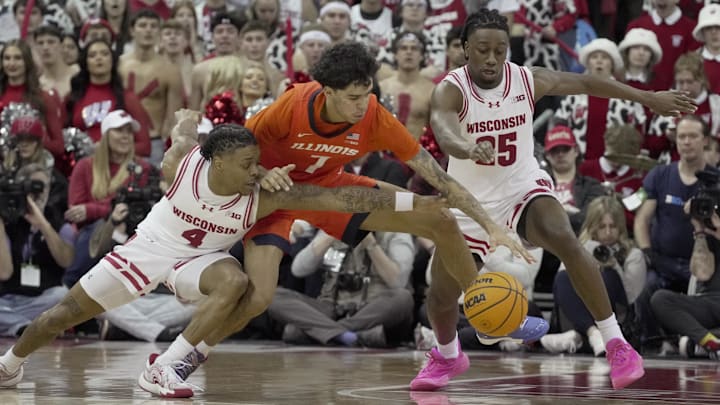 Wisconsin guard Kamari McGee (4) and guard Jphn Blackwell (25) guard Illinois forward Will Riley (7) during the second half of their game Tuesday, February 18, 2025 at the Kohl Center in Madison, Wisconsin. Wisconsin beat Illinois 95-74.

Mark Hoffman/Milwaukee Journal Sentinel Mandatory Credit:  Mark Hoffman/USA TODAY NETWORK via Imagn Images