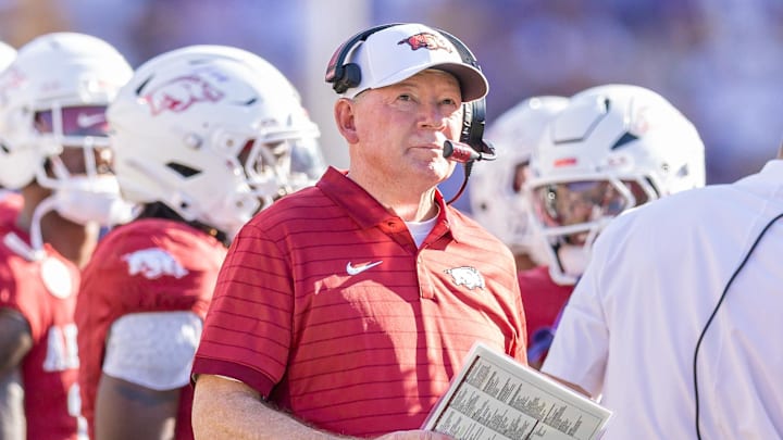 Arkansas interim coach Bobby Petrino looks on against the LSU Tigers during the second half at Tiger Stadium.