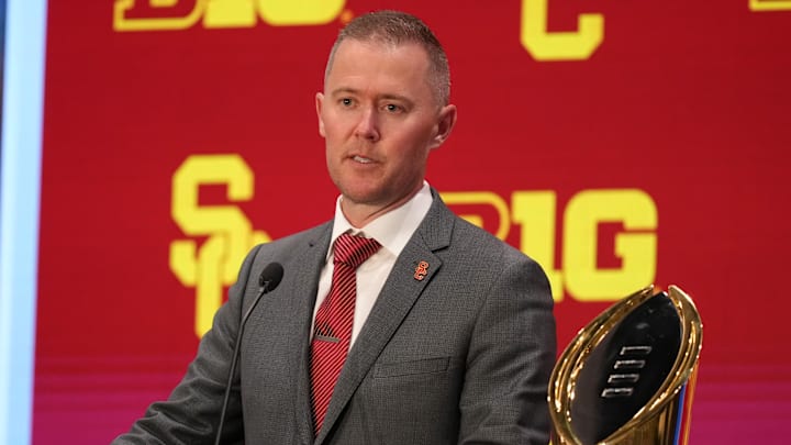 Jul 24, 2025; Las Vegas, NV, USA; USC head coach Lincoln Riley speaks to the media during the Big Ten NCAA college football media days at Mandalay Bay Resort. Mandatory Credit: Lucas Peltier-Imagn Images