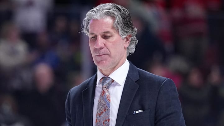 Jan 29, 2026; Montreal, Quebec, CAN;  Colorado Avalanche head coach Jared Bednar leaves the ice after the defeat against the Montreal Canadiens at the Bell Centre. Mandatory Credit: Eric Bolte-Imagn Images