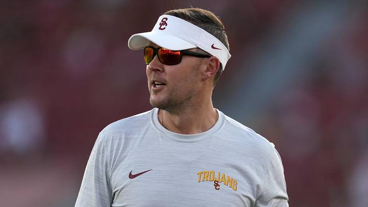 Sep 3, 2022; Los Angeles, California, USA; Southern California Trojans head coach Lincoln Riley reacts in the second half against the Rice Owls at United Airlines Field at Los Angeles Memorial Coliseum. Mandatory Credit: Kirby Lee-Imagn Images