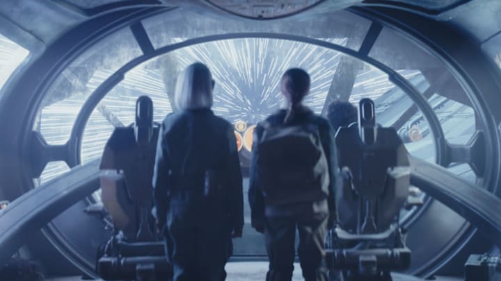 (L-R) KB (Kyrianna Kratter), Fern (Ryan Kiera Armstrong) and Wim (Ravi Cabot-Conyers) in Lucasfilm's STAR WARS: SKELETON CREW, exclusively on Disney+. ©2024 Lucasfilm Ltd. & TM. All Rights Reserved.