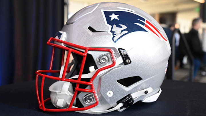 Jan 17, 2024; Foxborough, MA, USA; A New England Patriots helmet sits on a table at Gillette Stadium. Mandatory Credit: Eric Canha-Imagn Images