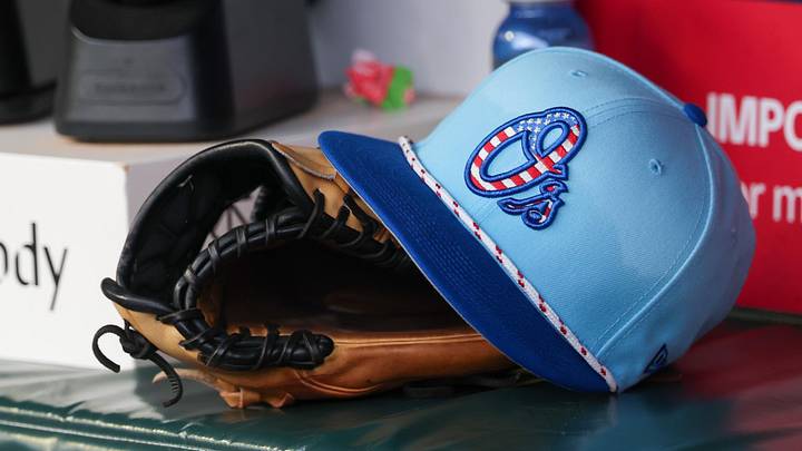 Jul 4, 2025; Atlanta, Georgia, USA; A detailed view of the Baltimore Orioles 4th of July hat in the dugout against the Atlanta Braves in the third inning at Truist Park. Jul 4, 2025; Atlanta, Georgia, USA; A detailed view of the Baltimore Orioles 4th of July hat in the dugout against the Atlanta Braves in the third inning at Truist Park.