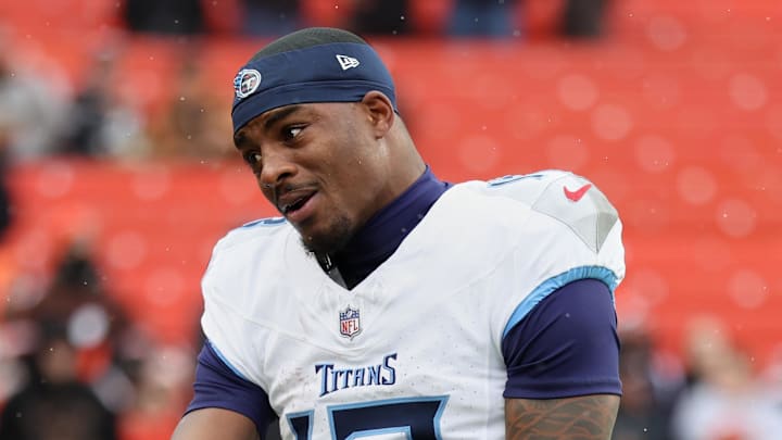 Former Tennessee Titans wide receiver James Proche II (13) looks on during warmups before the game against the Browns