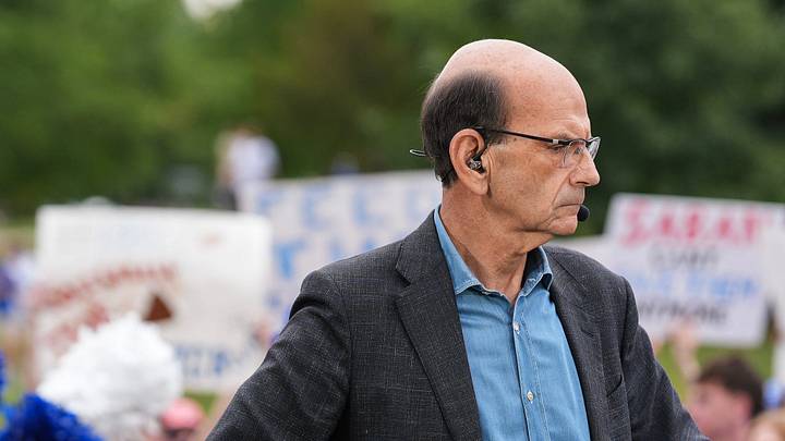 Analyst and radio show host Paul Finebaum during the SEC Nation pregame show set before the UK-Alabama football game Saturday, Sept. 12, 2026 in Lexington, Ky.