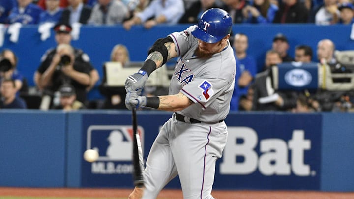 Oct 14, 2015; Toronto, Ontario, CAN; Texas Rangers left fielder Josh Hamilton hits a double against the Toronto Blue Jays in the sixth inning in game five of the ALDS at Rogers Centre. Oct 14, 2015; Toronto, Ontario, CAN; Texas Rangers left fielder Josh Hamilton hits a double against the Toronto Blue Jays in the sixth inning in game five of the ALDS at Rogers Centre.