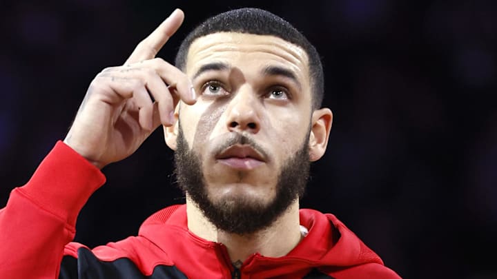 Oct 16, 2024; Chicago, Illinois, USA; Chicago Bulls guard Lonzo Ball (2) reacts before a game against the Minnesota Timberwolves at United Center. Mandatory Credit: Kamil Krzaczynski-Imagn Images