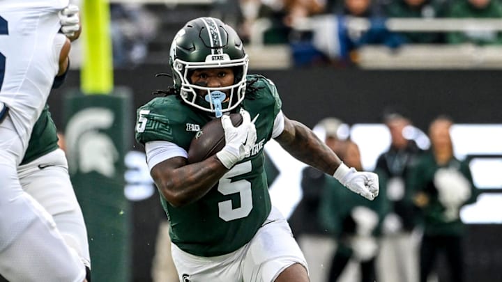 Michigan State's Makhi Frazier runs for a gain against Penn State during the first quarter on Saturday, Nov. 15, 2025, at Spartan Stadium in East Lansing.
