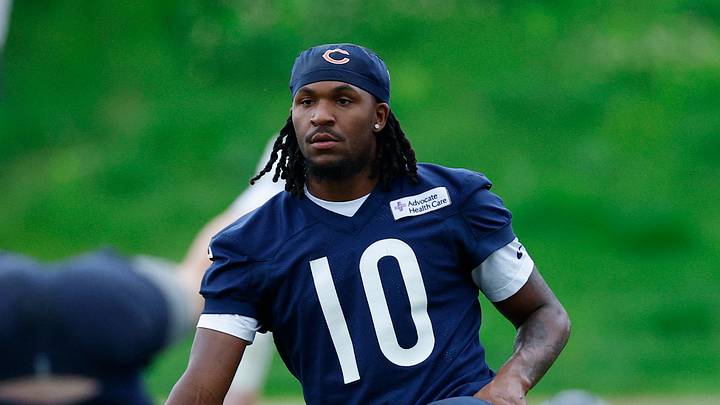 Chicago Bears wide receiver Luther Burden III (10) stretches during Minicamp at Halas Hall. Mandatory Credit: Kamil Krzaczynski-Imagn Images