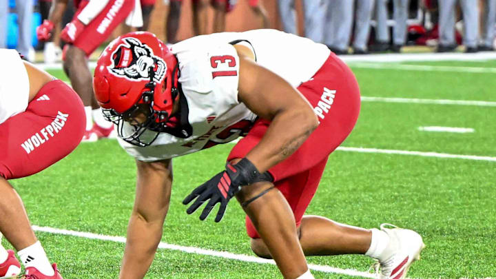 Sep 11, 2025; Winston-Salem, North Carolina, USA;  North Carolina State Wolfpack defensive end Sabastian Harsh (54) lines up against Wake Forest Demon Deacons at Allegacy Federal Credit Union Stadium. Mandatory Credit: Luke Jamroz-Imagn Images