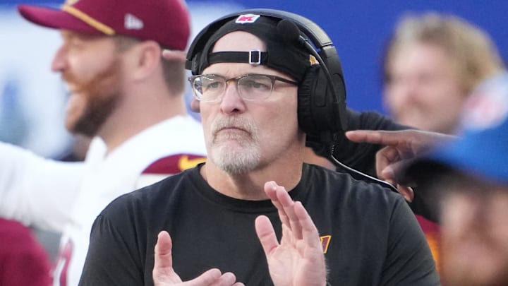 Nov 3, 2024; East Rutherford, New Jersey, USA; Washington Commanders head coach Dan Quinn against the New York Giants at MetLife Stadium. Mandatory Credit: Robert Deutsch-Imagn Images