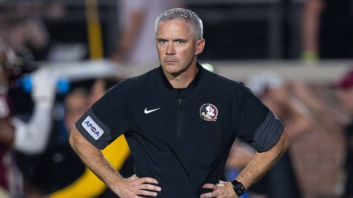Florida State Seminoles head coach Mike Norvell coaches his players as they warm up after the game was delayed due to a power outage. The SMU Mustangs lead the Florida State Seminoles 17-10 at the end of the first half Monday, Sept. 7, 2026. Florida State Seminoles head coach Mike Norvell coaches his players as they warm up after the game was delayed due to a power outage. The SMU Mustangs lead the Florida State Seminoles 17-10 at the end of the first half Monday, Sept. 7, 2026.