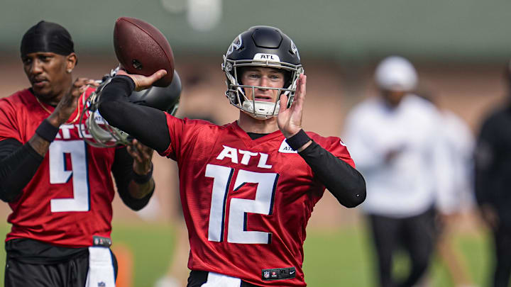 Atlanta Falcons quarterbacks Easton Stick (12) and Emory Jones will operate against the Detroit Lions on Friday night.