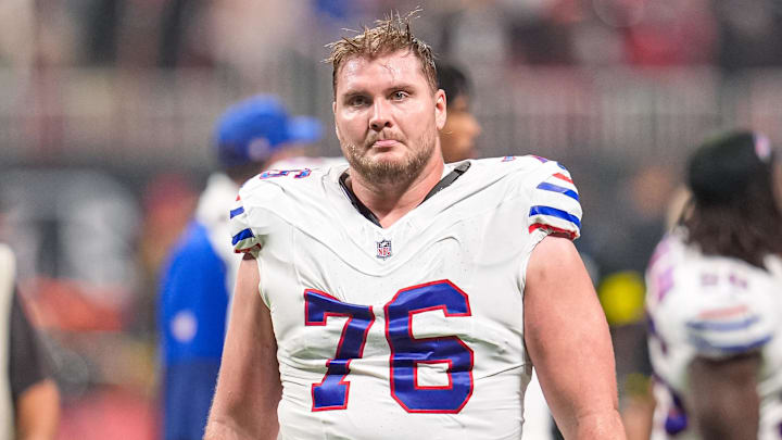 Oct 13, 2025; Atlanta, Georgia, USA; Buffalo Bills guard David Edwards (76) on the field against the Atlanta Falcons at Mercedes-Benz Stadium. Mandatory Credit: Dale Zanine-Imagn Images