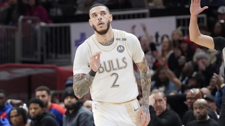 Jan 25, 2025; Chicago, Illinois, USA; Chicago Bulls guard Lonzo Ball (2) gestures after makingg a three point basket against the Philadelphia 76ers during the second half at United Center. Mandatory Credit: David Banks-Imagn Images