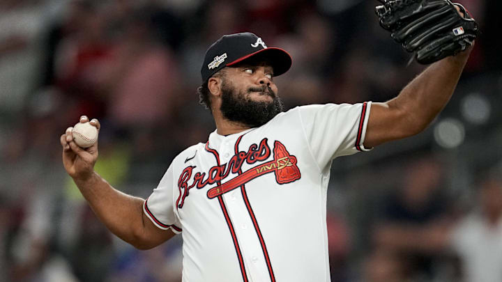 Oct 12, 2022; Atlanta, Georgia, USA; Atlanta Braves relief pitcher Kenley Jansen (74) throws against the Philadelphia Phillies in the ninth inning during game two of the NLDS for the 2022 MLB Playoffs at Truist Park. Mandatory Credit: Dale Zanine-Imagn Images