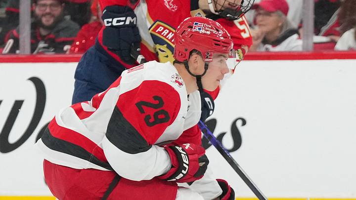 Sep 24, 2025; Raleigh, North Carolina, USA; Florida Panthers defenseman Marek Alscher (51) gets the shot past Carolina Hurricanes left wing Bradly Nadeau (29) during the second period at Lenovo Center. Mandatory Credit: James Guillory-Imagn Images Sep 24, 2025; Raleigh, North Carolina, USA; Florida Panthers defenseman Marek Alscher (51) gets the shot past Carolina Hurricanes left wing Bradly Nadeau (29) during the second period at Lenovo Center. Mandatory Credit: James Guillory-Imagn Images