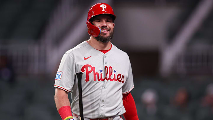 Jun 27, 2025; Atlanta, Georgia, USA; Philadelphia Phillies designated hitter Kyle Schwarber (12) reacts after a strikeout against the Atlanta Braves in the ninth inning at Truist Park. 