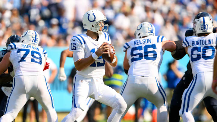 Oct 13, 2024; Nashville, Tennessee, USA; Indianapolis Colts quarterback Joe Flacco (15) stands in the pocket against the Tennessee Titans during the second half at Nissan Stadium. Oct 13, 2024; Nashville, Tennessee, USA; Indianapolis Colts quarterback Joe Flacco (15) stands in the pocket against the Tennessee Titans during the second half at Nissan Stadium.