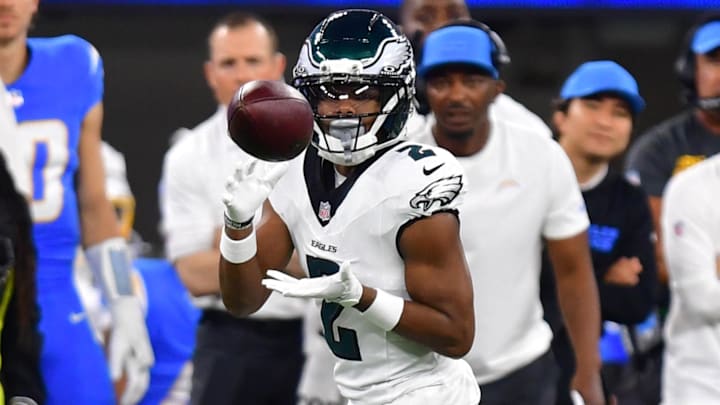 Dec 8, 2025; Inglewood, California, USA; Philadelphia Eagles wide receiver Jahan Dotson (2) catches a pass against the Los Angeles Chargers in the first half at SoFi Stadium.