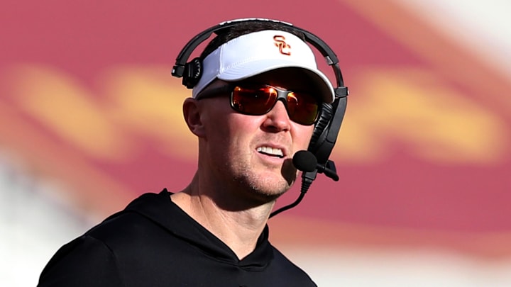 Nov 18, 2023; Los Angeles, California, USA; USC Trojans head coach Lincoln Riley during the third quarter against the UCLA Bruins at United Airlines Field at Los Angeles Memorial Coliseum. Mandatory Credit: Jason Parkhurst-Imagn Images