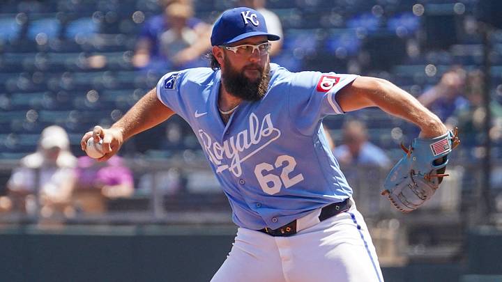 Aug 20, 2026; Kansas City, Missouri, USA; Kansas City Royals starting pitcher Randy Dobnak (62) delivers a pitch against the Athletics during the first inning at Kauffman Stadium. Mandatory Credit: Denny Medley-Imagn Images
