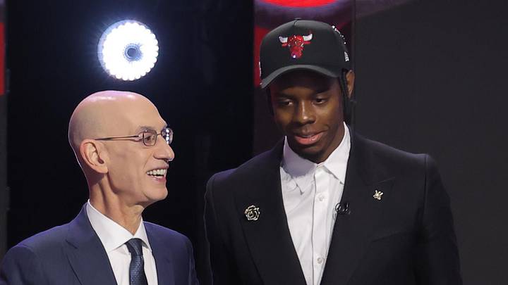 Jun 23, 2026; New York, NY, USA; NBA commissioner Adam Silver greets the fourth pick in the 2026 NBA draft, North Carolina forward Caleb Wilson after he was selected by the Chicago Bulls at Barclays Center. Mandatory Credit: Brad Penner-Imagn Images