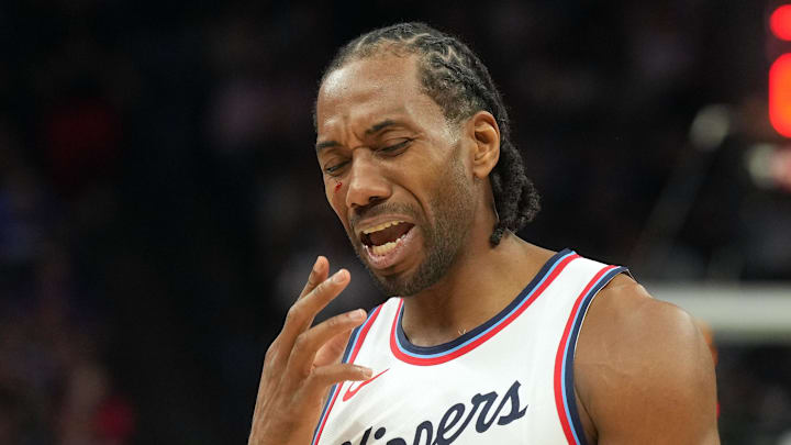 Apr 11, 2025; Sacramento, California, USA; Los Angeles Clippers forward Kawhi Leonard (2) reacts after incurring a facial cut during the fourth quarter against the Sacramento Kings at Golden 1 Center. Mandatory Credit: Darren Yamashita-Imagn Images Apr 11, 2025; Sacramento, California, USA; Los Angeles Clippers forward Kawhi Leonard (2) reacts after incurring a facial cut during the fourth quarter against the Sacramento Kings at Golden 1 Center. Mandatory Credit: Darren Yamashita-Imagn Images