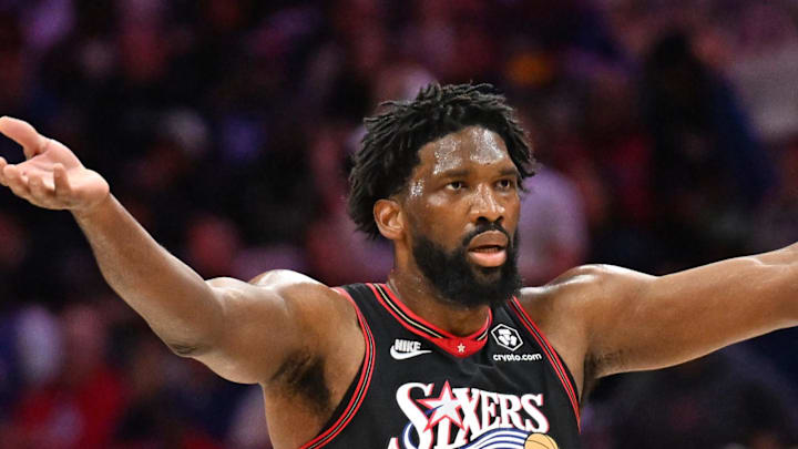 Apr 26, 2026; Philadelphia, Pennsylvania, USA; Philadelphia 76ers center Joel Embiid (21) encourages the crowd against the Boston Celtics during the first half at Xfinity Mobile Arena. Mandatory Credit: Eric Hartline-Imagn Images