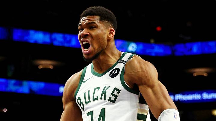 Milwaukee Bucks forward Giannis Antetokounmpo (34) reacts after a play during the third quarter against the Phoenix Suns at Footprint Center on Mar 24, 2025.