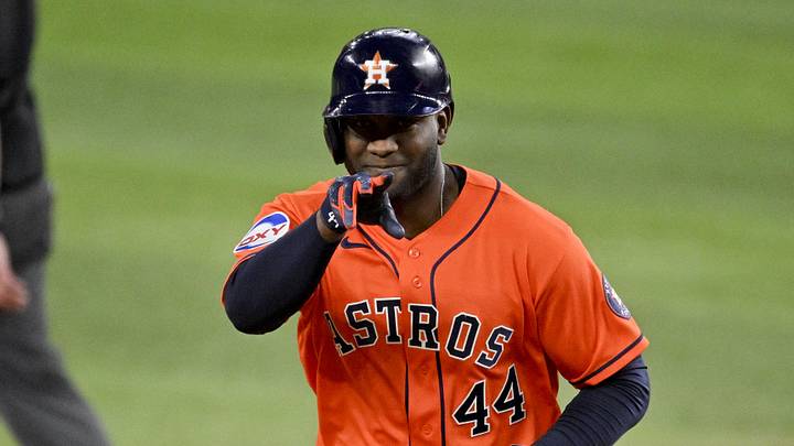 May 27, 2026; Arlington, Texas, USA;  Houston Astros designated hitter Yordan Alvarez (44) rounds the bases after he hits a home run against the Texas Rangers during the eighth inning at Globe Life Field. Mandatory Credit: Jerome Miron-Imagn Images