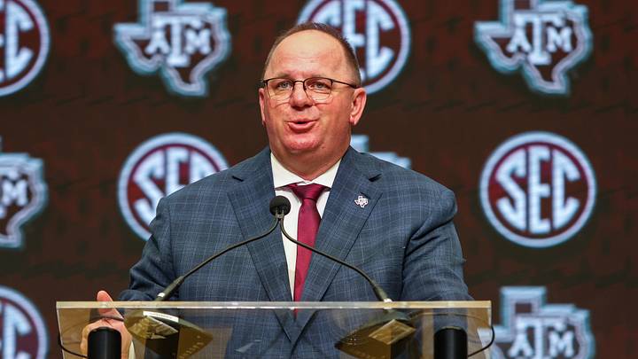 Texas A&M Aggies head coach Mike Elko talks to the media during the SEC Media Days at Omni Atlanta Hotel. Texas A&M Aggies head coach Mike Elko talks to the media during the SEC Media Days at Omni Atlanta Hotel.