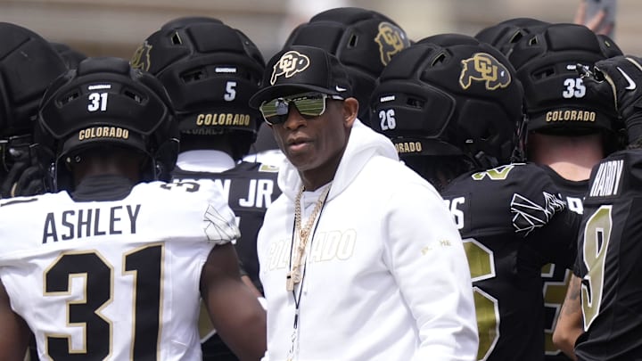 Apr 11, 2026; Boulder, CO, USA; Colorado Buffaloes head coach Deion Sanders before the start of the spring game at Folsom Field. Mandatory Credit: Ron Chenoy-Imagn Images
