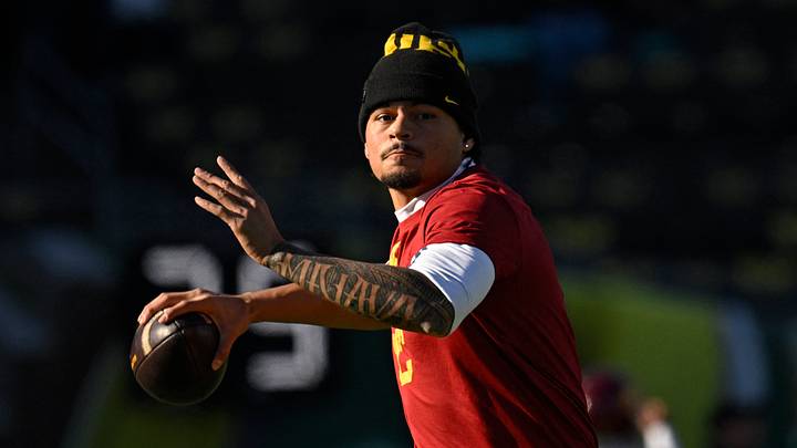 Nov 22, 2025; Eugene, Oregon, USA; Southern California Trojans quarterback Jayden Maiava (14) warms up before the game against the Oregon Ducks at Autzen Stadium. Mandatory Credit: Troy Wayrynen-Imagn Images