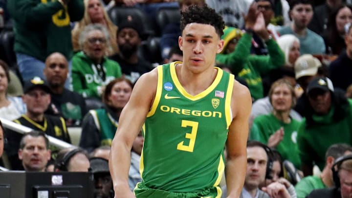 Mar 21, 2024; Pittsburgh, PA, USA; Oregon Ducks guard Jackson Shelstad (3) brings the ball up court during the first half of the game against the South Carolina Gamecocks in the first round of the 2024 NCAA Tournament at PPG Paints Arena. Mandatory Credit: Charles LeClaire-Imagn Images