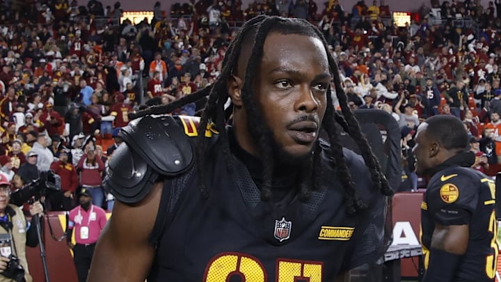 Oct 27, 2024; Landover, Maryland, USA; Washington Commanders wide receiver Noah Brown (85) celebrates after catching a game-winnning Hail Mary pass on the final play of the game against the Chicago Bears at Northwest Stadium. Mandatory Credit: Geoff Burke-Imagn Images Oct 27, 2024; Landover, Maryland, USA; Washington Commanders wide receiver Noah Brown (85) celebrates after catching a game-winnning Hail Mary pass on the final play of the game against the Chicago Bears at Northwest Stadium. Mandatory Credit: Geoff Burke-Imagn Images